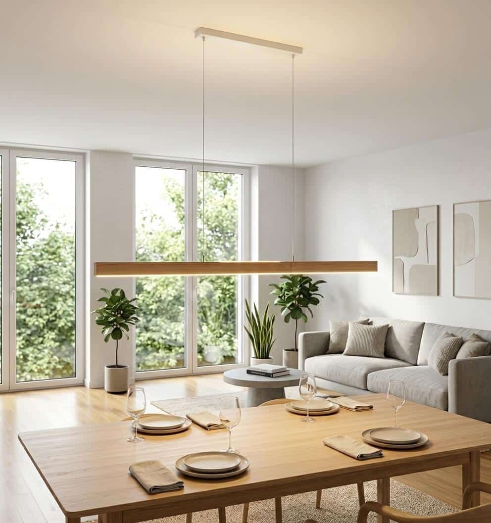 Eichenholzlampe, Eichenholzleuchte, dimmbare Esstischleuchte mit indirektem Licht ohne Stromkabel, Designerleuchte, Hochwertige Leuchte, Manufakturleuchte, Hängeleuchte ohne Stromkabel, Kochinsel Beleuchtung, Hängeleuchte aus Holz, Pendelleuchte, Hoche Leuchtkraft, Hoher CRI / Ra Wert, dimmbare Pendelleuchte, Pendellampe mit indirektem Licht und dimmbar, Handgefertigte Leuchten