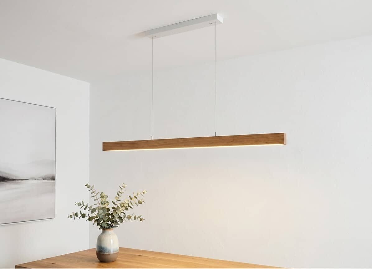 Eichenholzlampe, Eichenholzleuchte, dimmbare Esstischleuchte mit indirektem Licht ohne Stromkabel, Designerleuchte, Hochwertige Leuchte, Manufakturleuchte, Hängeleuchte ohne Stromkabel, Kochinsel Beleuchtung, Hängeleuchte aus Holz, Pendelleuchte, Hoche Leuchtkraft, Hoher CRI / Ra Wert, dimmbare Pendelleuchte, Pendellampe mit indirektem Licht und dimmbar, Handgefertigte Leuchten