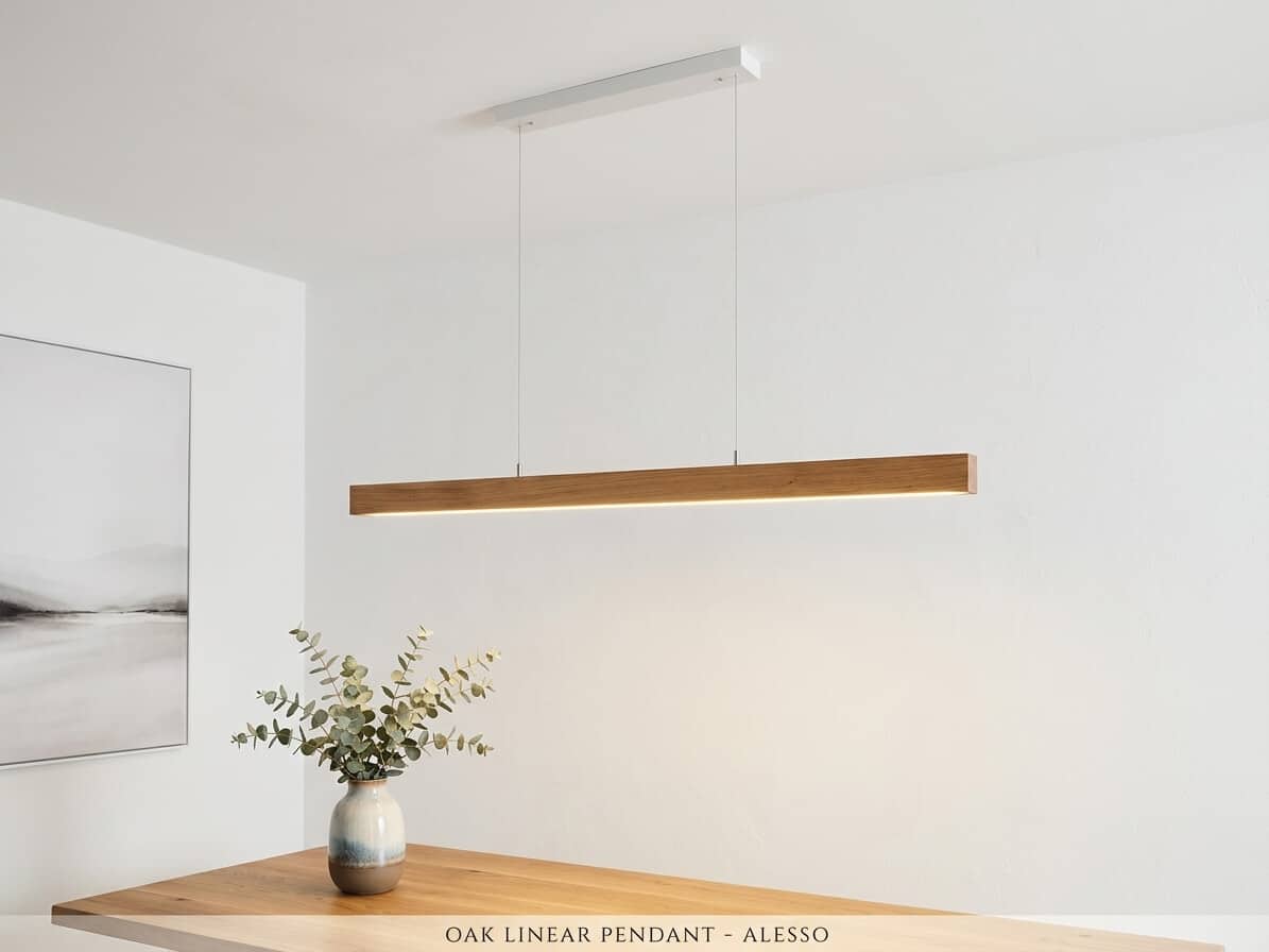 Eichenholzlampe, Eichenholzleuchte, dimmbare Esstischleuchte mit indirektem Licht ohne Stromkabel, Designerleuchte, Hochwertige Leuchte, Manufakturleuchte, Hängeleuchte ohne Stromkabel, Kochinsel Beleuchtung, Hängeleuchte aus Holz, Pendelleuchte, Hoche Leuchtkraft, Hoher CRI / Ra Wert, dimmbare Pendelleuchte, Pendellampe mit indirektem Licht und dimmbar, Handgefertigte Leuchten