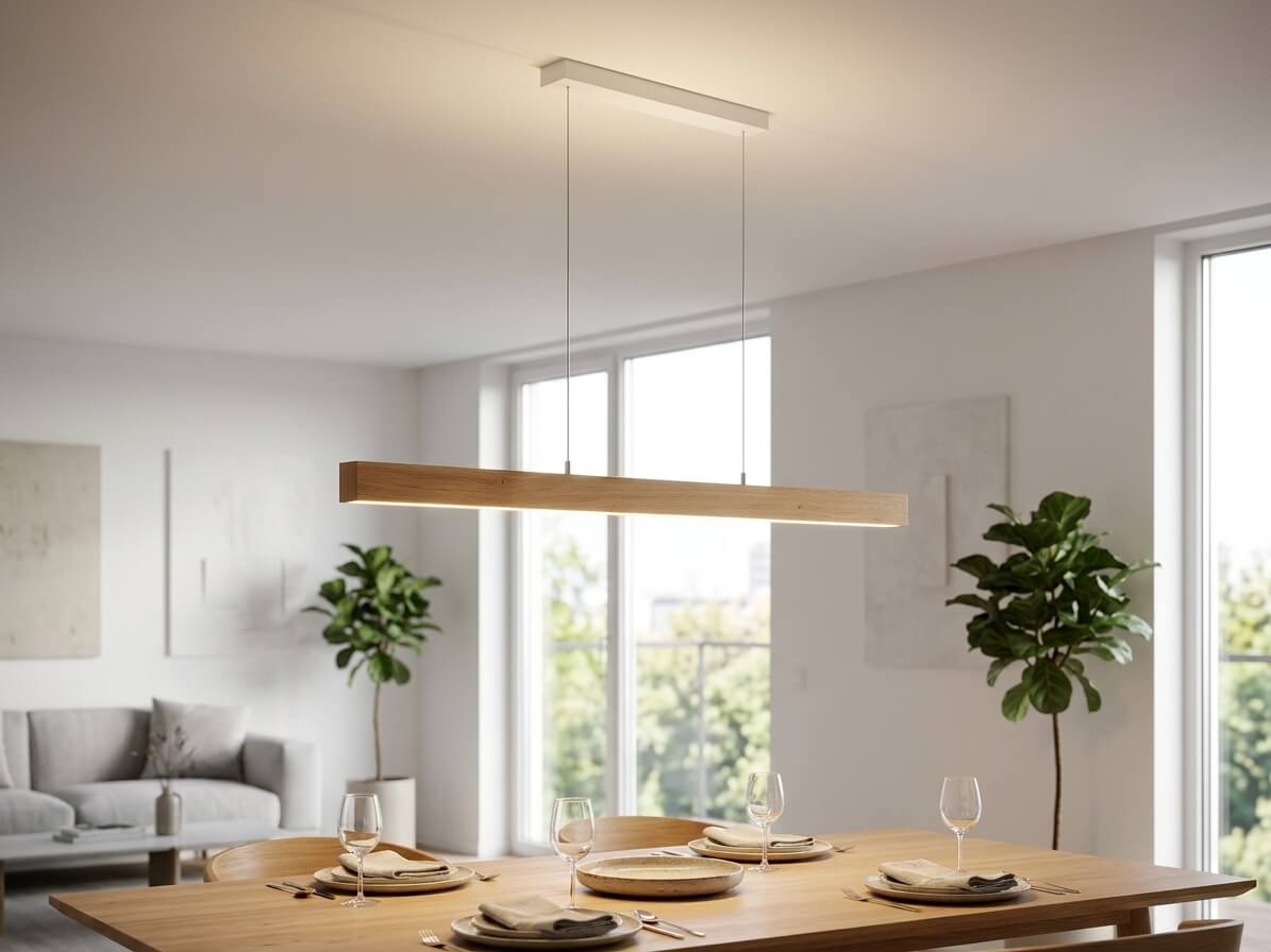Eichenholzlampe, Eichenholzleuchte, dimmbare Esstischleuchte mit indirektem Licht ohne Stromkabel, Designerleuchte, Hochwertige Leuchte, Manufakturleuchte, Hängeleuchte ohne Stromkabel, Kochinsel Beleuchtung, Hängeleuchte aus Holz, Pendelleuchte, Hoche Leuchtkraft, Hoher CRI / Ra Wert, dimmbare Pendelleuchte, Pendellampe mit indirektem Licht und dimmbar, Handgefertigte Leuchten
