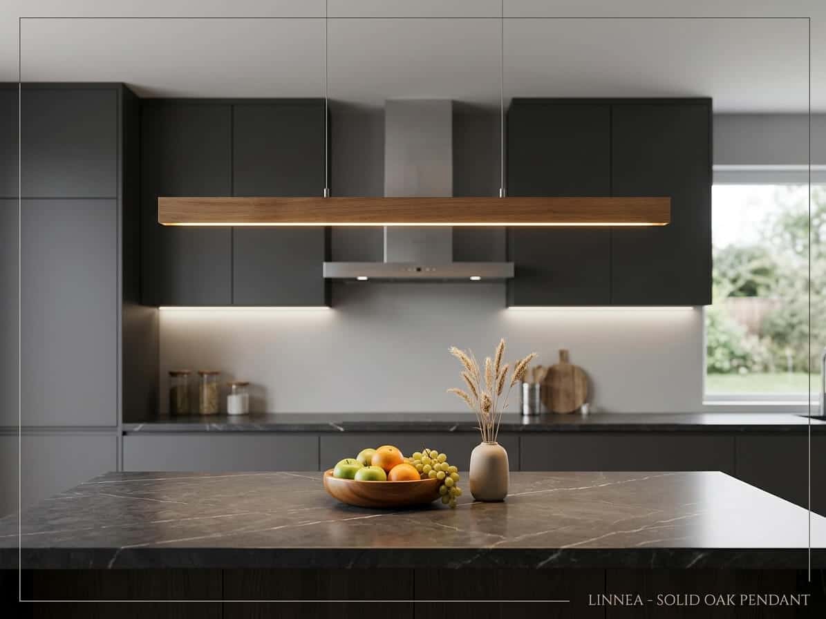 Eichenholzlampe, Eichenholzleuchte, dimmbare Esstischleuchte mit indirektem Licht ohne Stromkabel, Designerleuchte, Hochwertige Leuchte, Manufakturleuchte, Hängeleuchte ohne Stromkabel, Kochinsel Beleuchtung, Hängeleuchte aus Holz, Pendelleuchte, Hoche Leuchtkraft, Hoher CRI / Ra Wert, dimmbare Pendelleuchte, Pendellampe mit indirektem Licht und dimmbar, Handgefertigte Leuchten