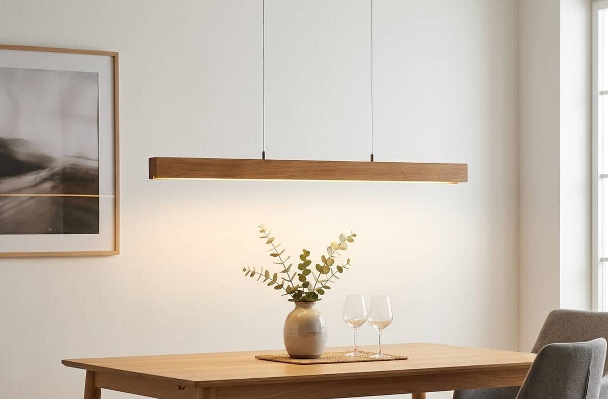 Eichenholzlampe, Eichenholzleuchte, dimmbare Esstischleuchte mit indirektem Licht ohne Stromkabel, Designerleuchte, Hochwertige Leuchte, Manufakturleuchte, Hängeleuchte ohne Stromkabel, Kochinsel Beleuchtung, Hängeleuchte aus Holz, Pendelleuchte, Hoche Leuchtkraft, Hoher CRI / Ra Wert, dimmbare Pendelleuchte, Pendellampe mit indirektem Licht und dimmbar, Handgefertigte Leuchten